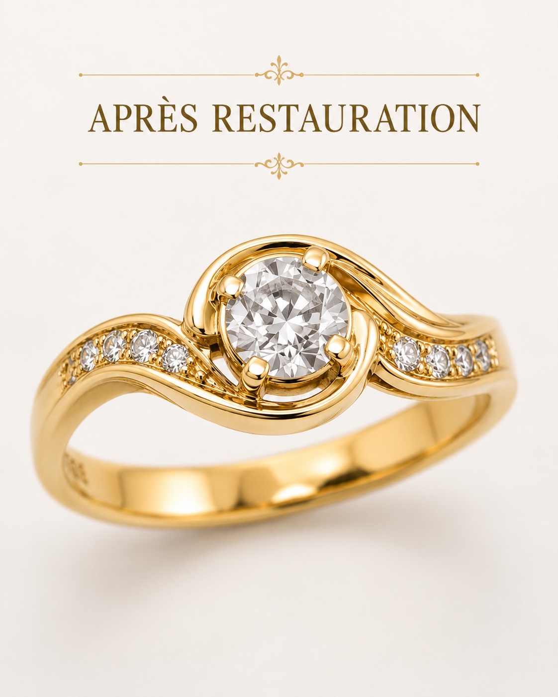 La même bague après restauration : or repoli, sertissage repris, éclat rendu.